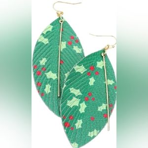 🎀5 for $35 Christmas Earrings, green, feather shaped earrings with Holly print